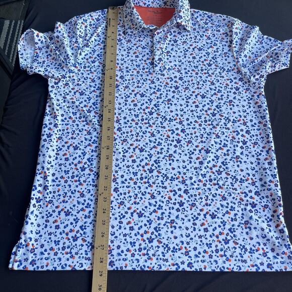 Birdie Bound Shirt Mens Large White Blue Red Floral Print Golf Performance Polo - Picture 8 of 8